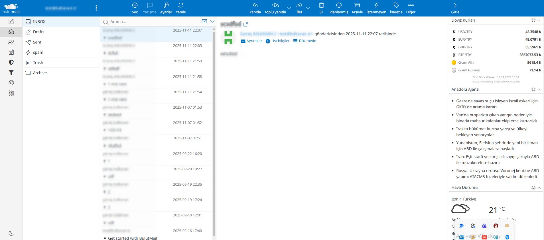BulutMail gelen kutusu ekran görüntüsü