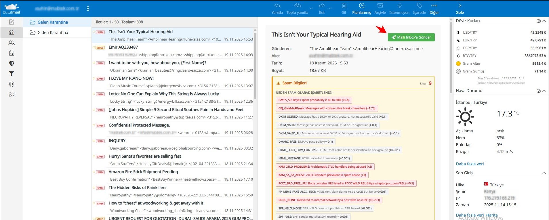BulutMail karantina mailini görüntüleme ve inbox'a taşıma ekranı