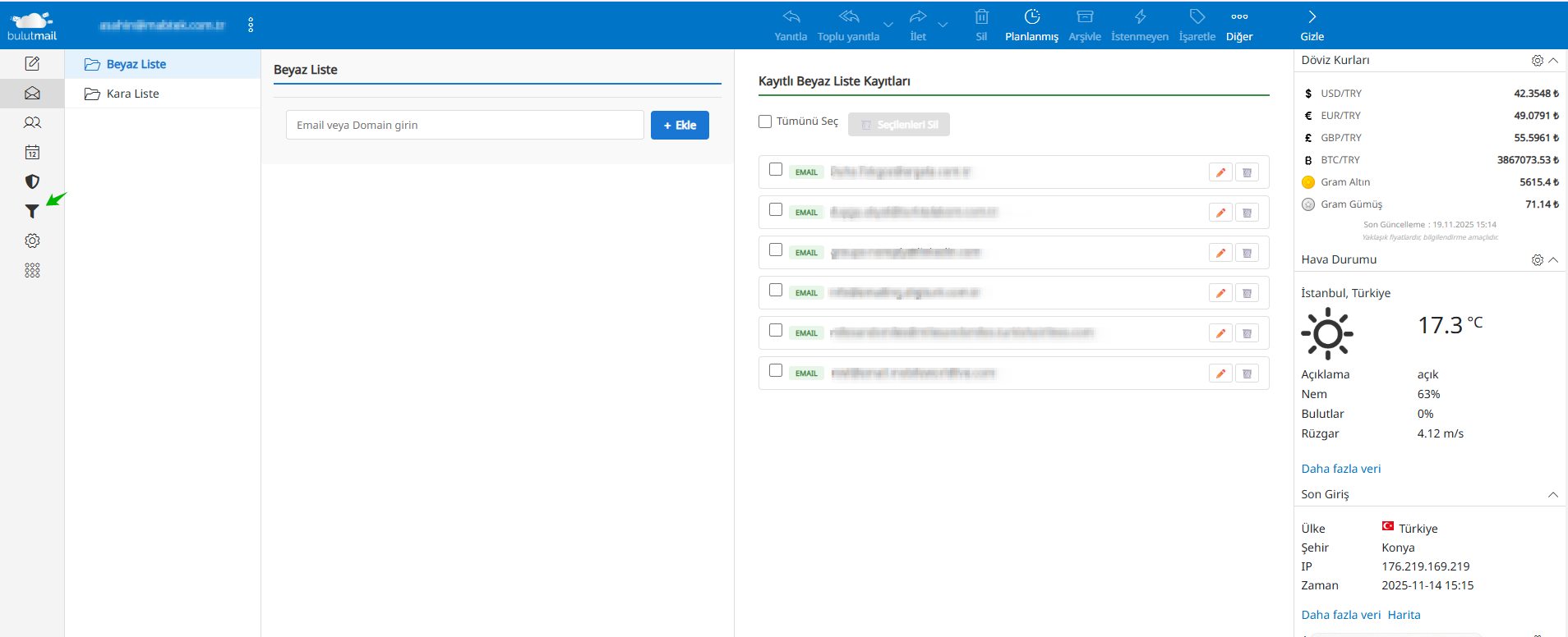 BulutMail blacklist whitelist ve kişisel filtre ayarları