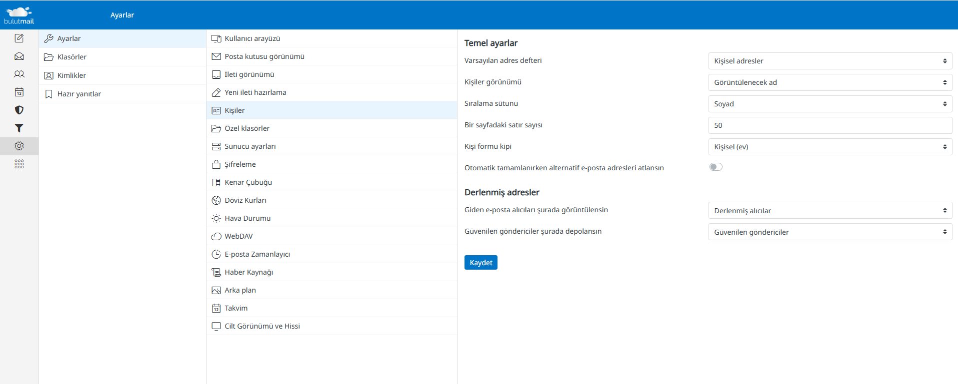 BulutMail gelişmiş ayarlar ekranı