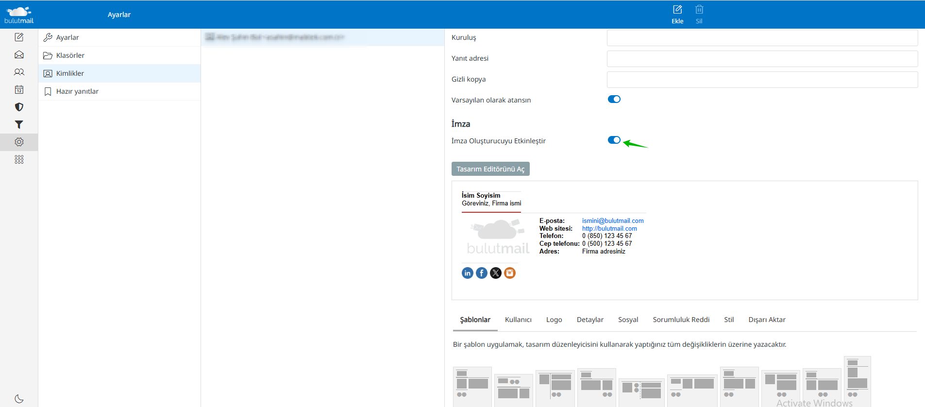 BulutMail hazır imza şablonları ekranı